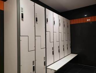 Locker installation for the new Vault Gym located in Downtown Los Angeles, on Wilshire Boulevard